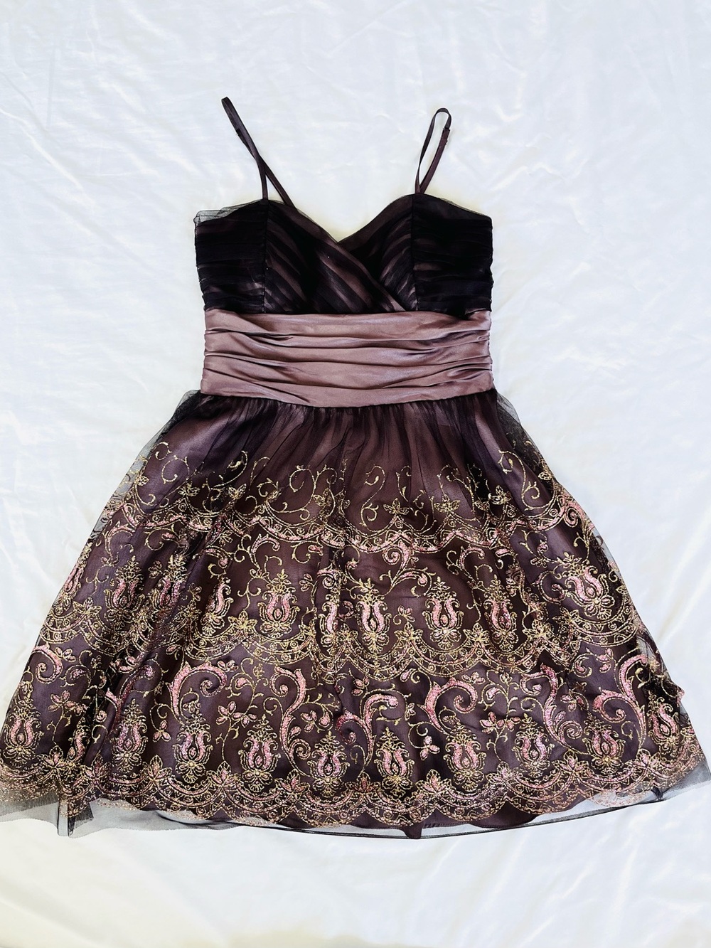 Women's Elegant Brown & Gold Embroidered Party Dress